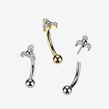 Detail View 1 of Implant Grade Titanium OneFit Threadless Trinity Sparkle Top Curved Barbell-Clear Gem